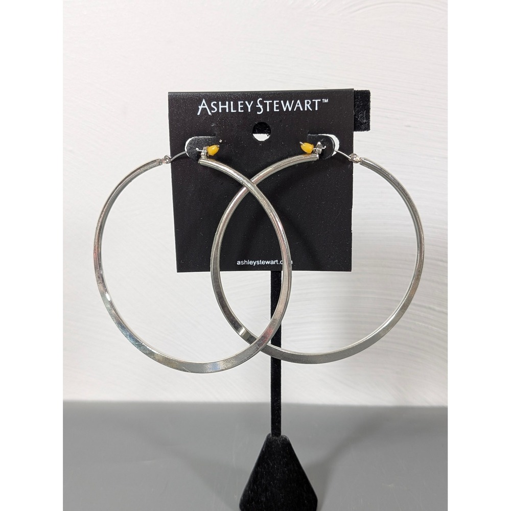 NWT Ashley‎ Stewart Large Silver Tone Round Hoop Earrings Classic Statement